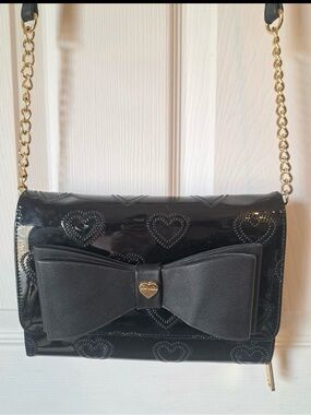 Betsey Johnson Black Patent Heart-Quilt Bow Crossbody